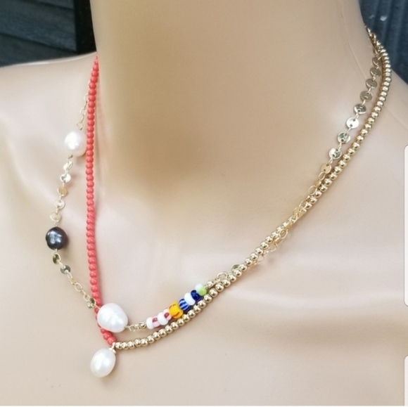 LOFT NWT COLORED GLASS BEAD & BAROQUE PEARL LAYERED NECKLACE - Picture 5 of 8